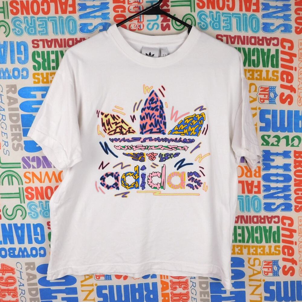 Adidas T Shirt Womens Small Oversized White Love Unites Graphic Trefoil Logo Art